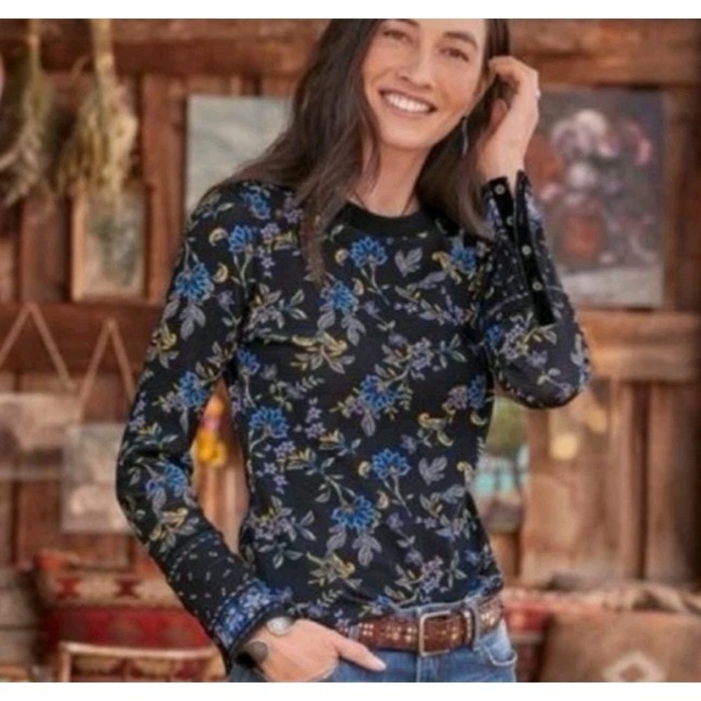 Sundance Loretta Thermal Top Womens Medium Blue Boho Cottagecore Waffle Knit